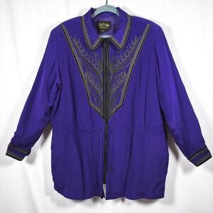 Bob Mackie Silk Jacket Wearable‎ Art Embroidered Full Zip Purple Coat Woman 1X